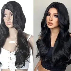 Ritzkart 25 Inch Long Wavy/Curly Synthetic Black Colour Glueless Hair Wig For Women