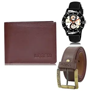 LOREM Mens Combo of Watch with Artificial Leather Wallet & Belt FZ-LR56-WL14-BL02
