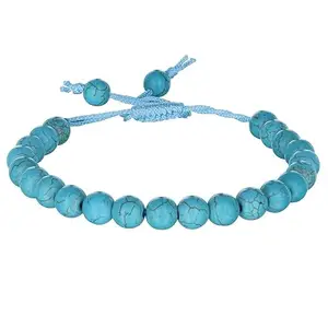 RRJEWELZ Natural Turquoise Round Shape 8mm Smooth Beads Blue Color Threaded Adjustable Bracelet For Men & Women. |TDBR_1854