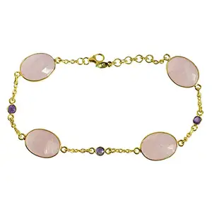 Ravishing Impressions Rose Quartz Amethyst Birthstone 925 Sterling Silver Gold Plated Bolo Stylish Bracelet Jewelry