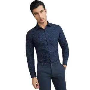 Park Avenue Men's Slim Fit Print Pattern Pure Cotton Semi Cutaway Collar Full Sleeve Shirt (Size: 39)-PMSX18294-B8 Dark Blue