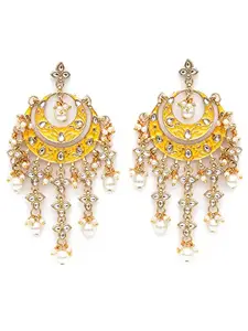 Karatcart Gold Plated Yellow Meena Lotus Shape Kundan Dangler Earrings for Women