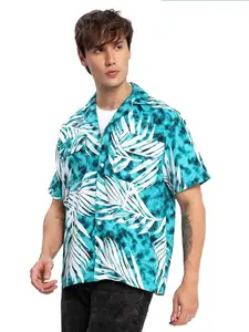BEYOUNG Half Sleeve Green Palm Hawaiian Shirt for Men