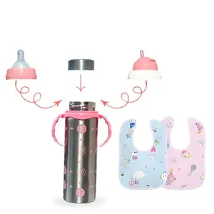 JOYFILLS 3 in 1 Baby Feeding Bottle With 2 Bibs| Stainless Steel Milk Bottle for baby| Water Bottle for School | Sipper Water Bottle for Kids | Stainless Steel 304| Multi-Functional Thermal Insulation | Nipple, Sipper & Straw| Spill Proof, BPA Free, Anti-Colic Nipple for Infants/Toddlers/Kids- 240 Ml. (Steel Pink)