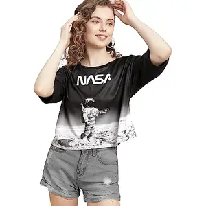 Free Authority NASA Printed Loose Fit Black Cotton Women's T-Shirt