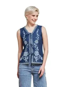 J TURRITOPSIS Women's Denim Floral Embroidered Tie-Front Denim Stylish Shirt || Shirt Top for Women