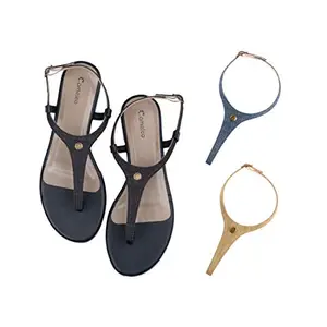 Cameleo -changes with You! Women's Plural T-Strap Slingback Flat Sandals | 3-in-1 Interchangeable Strap Set | Black-Dark-Blue-Light-Blue