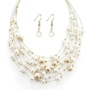 Peora Beads Studded Gold Plated Muti layer Necklace Earrings Set Fashion Stylish Jewellery Gift for Women