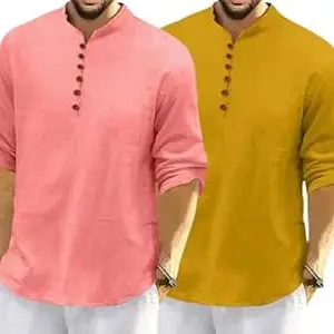FINIVO FASHION Combo of Men’s Casual Full Sleeve Kurta Style Shirt with Button Placket, Lightweight Breathable Fabric, Regular Fit Ethnic Fusion Wear for Daily & Festive Use Pack of 2