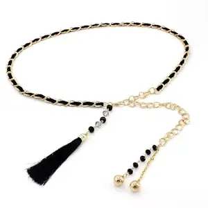 SYGA Women's Metal Belt Waist Chain Versatile Tassel Waist Pendant Women's Fashion Dress Decorative Belt(Black)