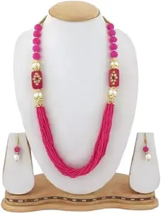 BALAJI FASHION Necklace Set With Pair of Earrings Set Beautiful Kundan Pearl Polki Jewelry Glass Jewel Set (Pack of 1)