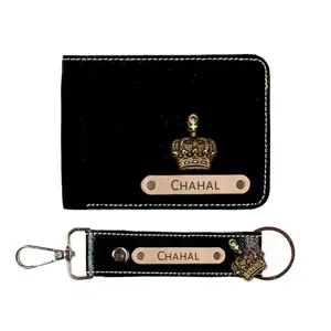 NAVYA ROYAL ART Customized Wallet and Keychain Combo for Men | Personalized Wallet Keychain Set with Name Printed | Leather Name Wallet Keychain for Men | Customised Gifts for Men with Name & Charm - Black