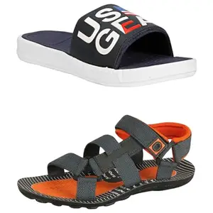 Liboni Mens Comfort Blue Flip- Flops & Orange Grey Sandals Combo Pack of 2 (10)