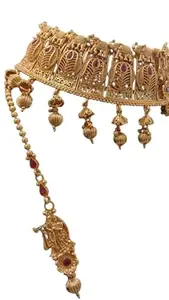 Traditional Gold-Plated Choker Necklace with Radha Krishna Design, Red Stone Embellishments, Hanging Beads