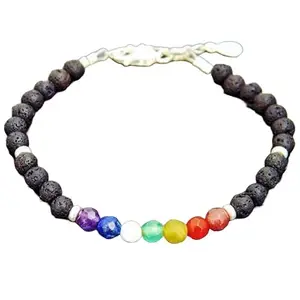 LKBEADS Natural Round Shape Smooth Cut Beads Stretchable Bracelet for Men & Women 7 Chakra Stone With Black Lava Round Smooth & Faceted Multicolor 7 Inch Adjustable Bracelet
