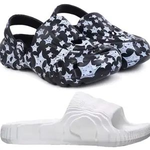 Pampy Angel Combo Pack of 2 Slipper/Flip Flops/Slides/Clogs/Sandals with Adjustable Back Strap for Men,(Cl-A-Star-Black,Addi-M-White),6 (UK/India)