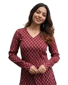 NEW FUSION FABRIC Women's Rayon Floral Printed Full Sleeves V-Neck Short Kurti, Bell Sleeves, Short Kurti for Woman, Stylish Ethnic Top, Daily Casual Western & Office wear