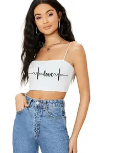 Istyle Can Sleeveless Western Stylish Ribbed Camisole Crop Top for Women (Small, LoveVibes-White)