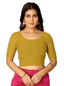 Amazon Brand - Anarva Round Neck Dobby Cotton Lycra Stretchable Elbow Half Sleeve Readymade Saree Blouse for Women Stylish
