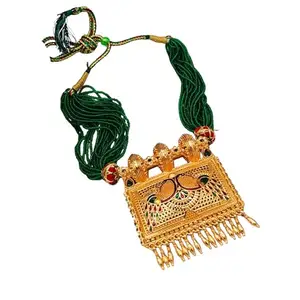 Women's Traditional Gold Plated Pendant Necklace with Red Beaded Strands peacock Designed Pendant Perfect for Ethnic Antique Meenakari Design for Festive (Green)
