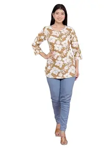 S B Enterprises Electronics Women's Cotton Floral Printed Straight 3/4th Sleeves Short Kurta Perfect for Casual, Formal, and Ethnic Wear (Light Brown-XL)