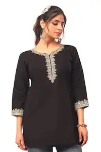 GANIX - FASHION THAT DEFINE YOU Women’s Pure Cotton Embroidered Tunic Top | Short Kurti | 3/4 Sleeve Ethnic Western Fusion | Regular Fit Casual Office Wear | Stylish Everyday Comfortable Top for Women