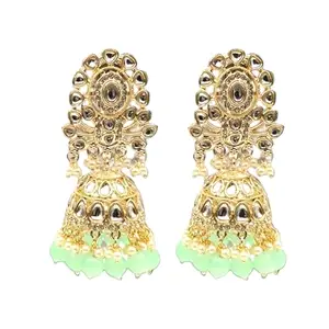 KAAJBUTTON Gold Plated Traditional Kundan Jhumka Earring Studded With Stones And Beads (Mint Green)