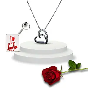 AWANI TRENDS Heart Pendant with Chain | Necklace to Gift Women & Girls | Gift For Valentine's Day Birthday Anniversary | Artificial Red Rose | I Love You Keychain/Keyring | Silver Color Pendant
