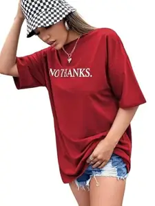 Oversized Top Printed Half Sleeves Round Neck Drop Shoulder Loose Baggy Fit T-Shirt for Women/Girls (XL, Red)