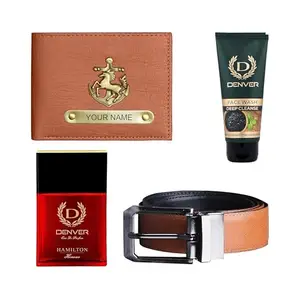The Wallet Store Personalized Wallet with Leather Belt Perfume & Face Wash Gift Set for Him (Tan)