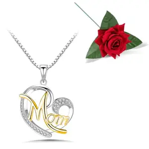 Peora Silver & Gold Plated Love Heart Mom CZ Studded Pendant Necklace Valentine's Day Gift for Women & Girls with Red Rose