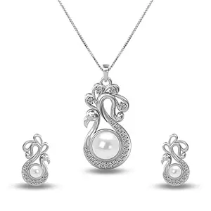 Amazon Brand - Anarva 925 Sterling Silver BIS Hallmarked CZ Peacock Pearl Pendant Necklace Jewellery Set for Women and Girls