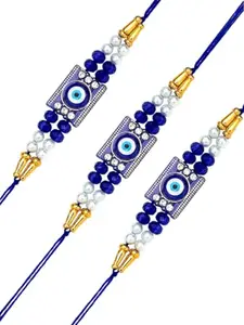 Adiva Pack of 3 Evil Eye CZ Stone Rakhis for Brother Gift Set, Raksha Bandhan with Pooja Thali