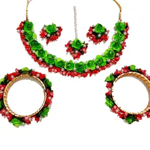 Your Handmade Store Red Green paper flower jewellery Set- Necklace, Earings, Mangtika, Bangles for Girls/Women (Haldi/Mehandi/Bridal/Wedding/Baby shower)(Style2)