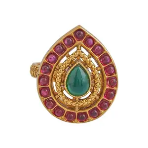 Kushal's Fashion Jewellery Ruby-Green Gold Plated Ethnic Antique Finger Ring