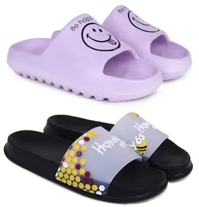 Pampy Angel Combo Pack of 2 Slipper/Flip Flops/Slides for Women,(YW-Smil-Purple,Honey-Black),39 (Euro)