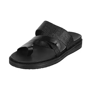 Mochi Men's Black Faux Leather Textured Toe Ring Slipper Stylish Sandals UK/9 EU/43 (16-658)