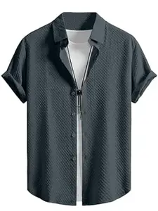 WIZOON Shirt for Men | Half Sleeves | Men’s Black Textured | Cotton Blend Shirts | Casual Shirt's | Spread Collar | Short Sleeves | Regular Fit