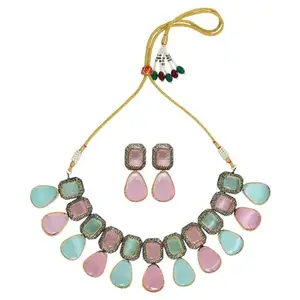 Anvik Pink & Mint Monalisa Stone Necklace & Earring Set | Traditional Jewellery Set | Victorian Neckpiece for Women