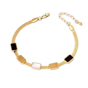 THE GLAM POUCH Gold Plated Flat Snake Chain Bracelet for Women & Girls - Adjustable Anti Tarnish Metal Chain with Black White Enamel Charms - Minimalist Elegant Office Wear Fashion Jewellery Gift