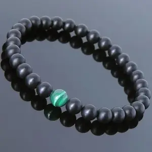 RRJEWELZ 8mm Natural Gemstone Black Onyx With Malachite Round shape Smooth cut beads 7.5 inch stretchable bracelet for men & women. | STBR_RR_03616