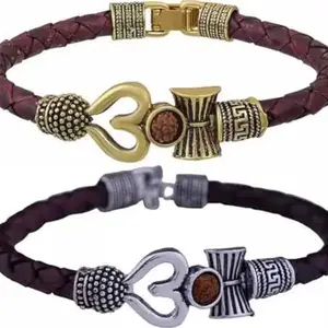 Omniira Rudraksha Trishul Damru Bracelet Set for Men | Combo of 2 Adjustable Leather Bracelets | Lord Shiva Spiritual Kada | Stylish Om Bracelet for Men & Boys