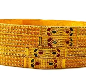 Shineora Traditional Gold-Plated Bangles Set, Red and Green Enamel Work, 4 Pieces (2-10)