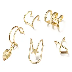 Amazon Brand - Anarva Stylish Gold Plated Adjustable Ear Cuff Clip Earrings Stainless Steel Non-Piercing Clip For Women & Girls Pack Of 5 Pcs