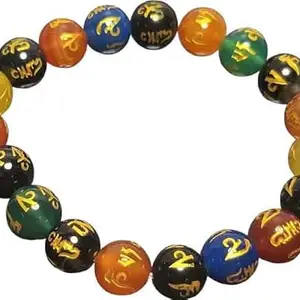 Aldomin Om Mani Padma Hum Engraved Multi Color Agate Stone 8 MM Stretchable Bracelet