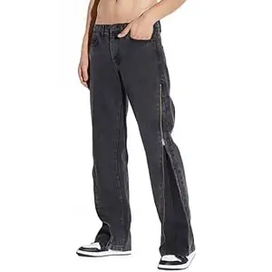 FUGAZEE Black Zipped Adjustable Flared Denim for Men | 100% Cotton Denim Jeans | Five Pockets | Zip Fly with Button Closure | Side Zippers | Streetwear Flared Jeans