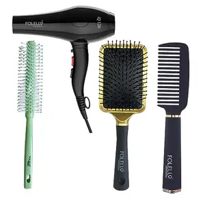 FOLELLO Women Hair Grooming Kit – 1 Round Hair Brush for Hair Styling, 1 Golden Paddle Hair Brush, 1 PC Hair Dryer, 1 Detangle Hair Brush, Comb for Women and Professional Salon Use