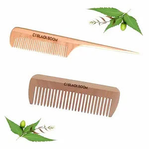 C I BLACK BOOM Handcrafted Organic Green Neem Wooden Comb Combo - Premium Collection| C04 Fine Tooth Dressing Round Pointe Handle hair pin Comb|C05 Wide Tooth Round Curve Comb| Healthy Haircare| For Men & Women? | ( Co4 and Co5)