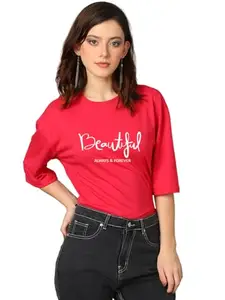 KOTTY Women's Printed, Typography Round Neck Cotton Blend 3/4 Sleeve T-Shirt(Red,S)