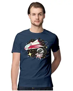 ALLEN BLACK Men's Regular Fit T-Shirt Cute Astronaut Cat in Space 100% Cotton T-Shirt Navy Blue_ASCTINSPCC-Navy Blue S Men Round_